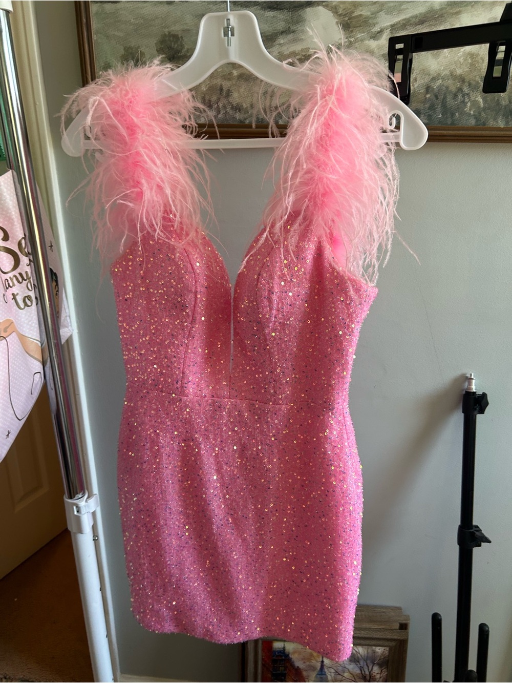 Pink Sequin Feather-Trim Mini Dress
